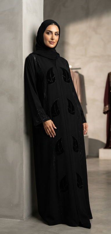 Premium Korean Crepe Black Abaya with Leaf Embellishments