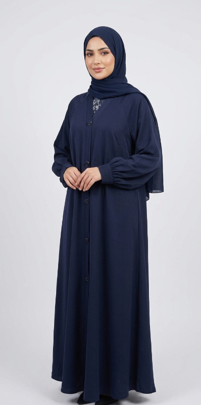 Navy Blue Button-Down Abaya - Elegant Modest Maxi Dress with Belt
