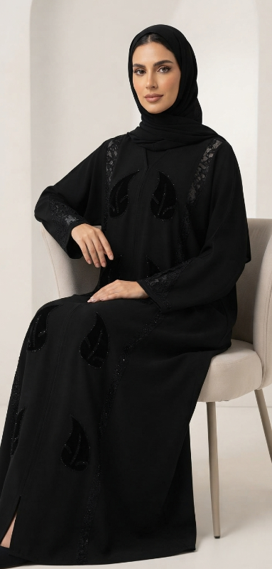 Premium Korean Crepe Black Abaya with Leaf Embellishments