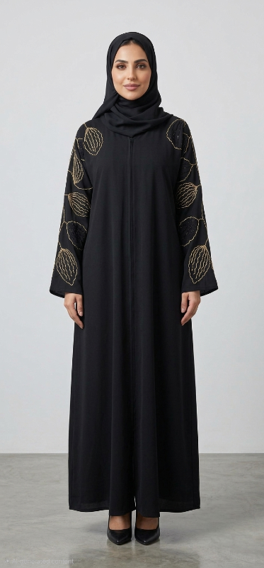 Elegant Gold Embroidered Korean Nidha Abaya - Premium Black Open Front Abaya