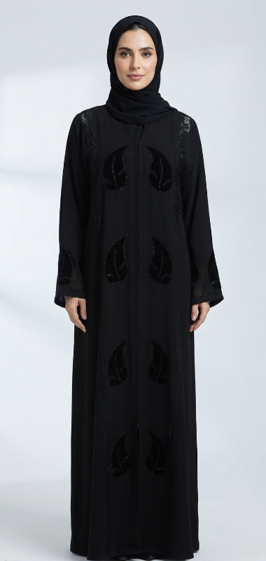 Premium Korean Crepe Black Abaya with Leaf Embellishments