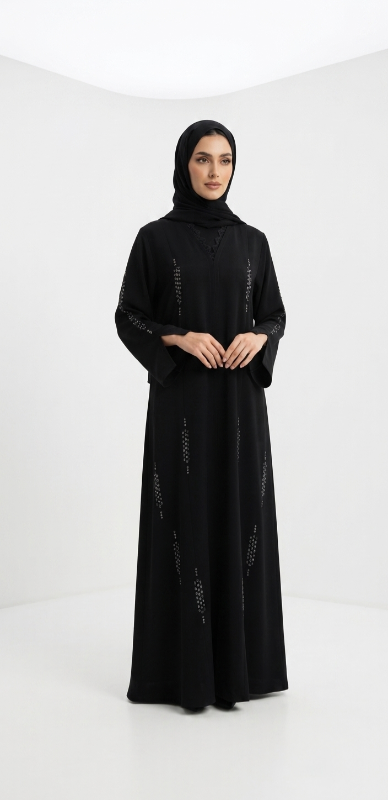 Luxury Korean Crepe Silver Stone Embellished Black Abaya
