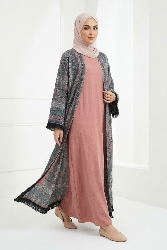 Luxury Pashmina Open Abaya with Fringe Trim – Elegant Winter Modest Wear for Women
