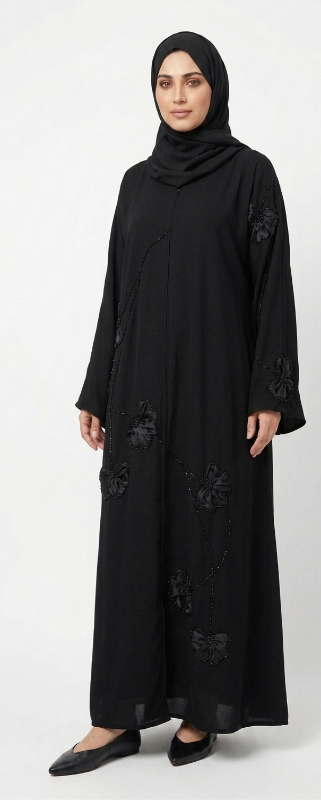 Elegant Black Floral Embellished Abaya in Premium Korean Nidha