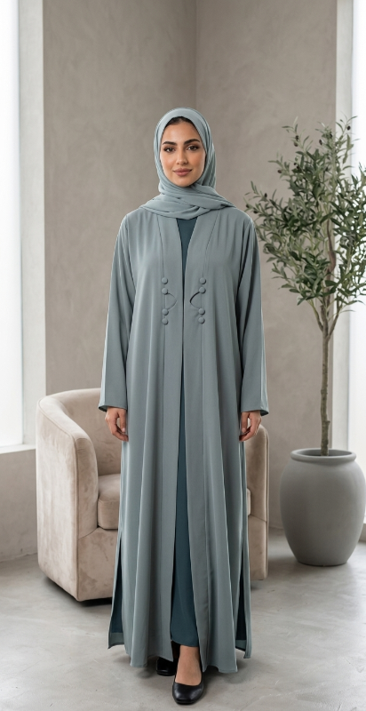 Pale Grey Front-Pleat Abaya with Decorative Buttons