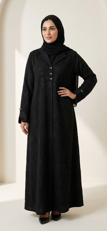 Korean Fakhir Silk Black Blazer Cut Abaya – Elegant Embroidered Collared Abaya with Dragonfly Embellishments