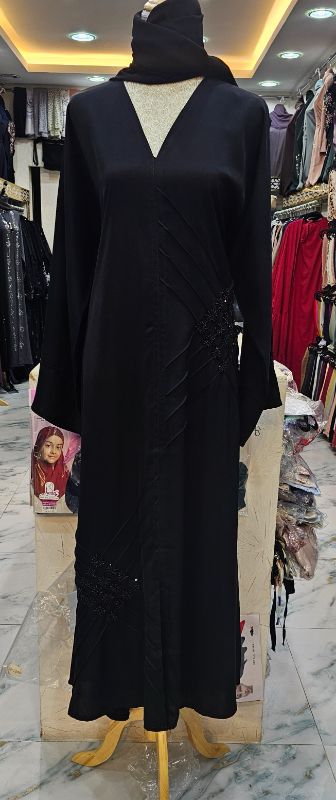 The Majestic Noir Abaya | Premium Nidha Fabric | Black V-Neck Pleated Abaya with Embellishment | Modest Wear