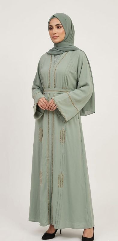Sage Green Embroidered Abaya Set – Elegant Modest Open Abaya with Matching Hijab & Belt