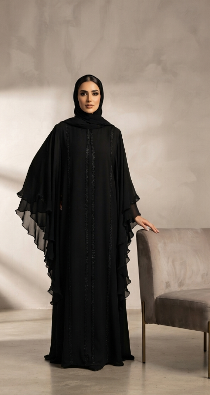 Elegant Black Kaftan Abaya – Chiffon Over Nidha Layering