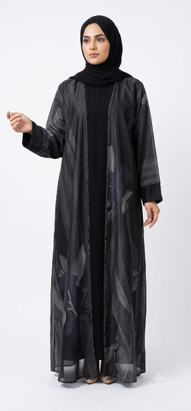 Elegant Floral Print Open Abaya - Premium Layered Design