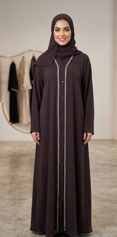 Elegant Brown Harudh Masudh Umbrella Cut Abaya with Silver Beaded Trim
