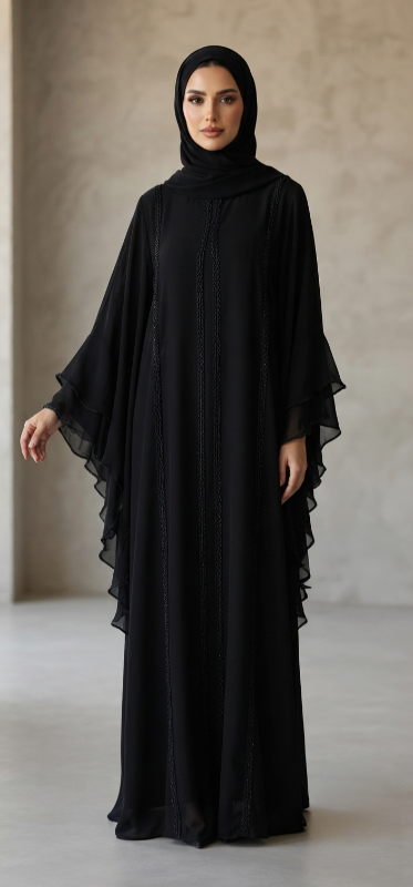 Elegant Black Kaftan Abaya – Chiffon Over Nidha Layering