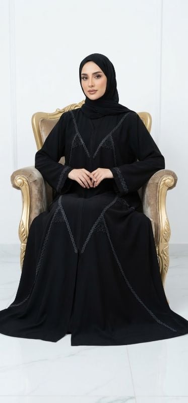 Exquisite Black Korean Crepe Abaya | Premium Modest Emirati-Style Design with Intricate Lacework & Stone Detailing