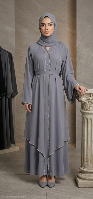Elegant Grey Layered Abaya with Embellished Trim and Waist Tie