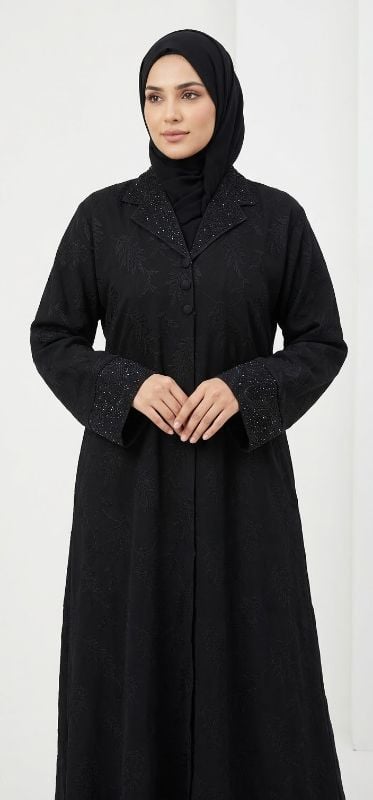 Premium Blazer-Cut Elegant Black Abaya in Korean Fikr Fabric | Buy Online Muscat
