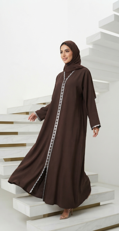 Luxury Marble Crush Abaya with Silver Scalloped Trim - Elegant Modest Fashion