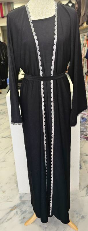 Glamorous Black Open Abaya with Silver Lace Details