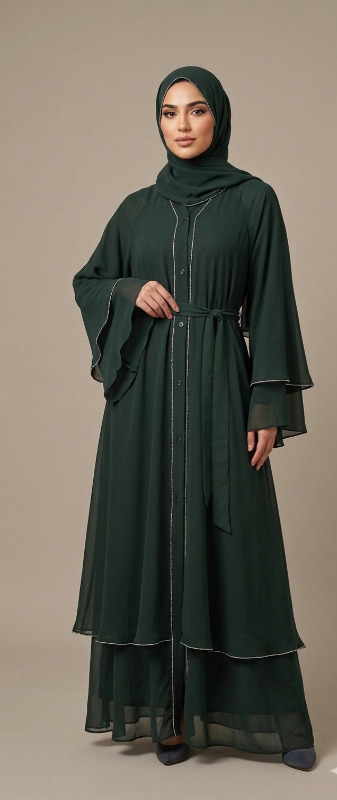 Emerald Green Button-Down Layered Abaya – Elegant Modest Evening Wear