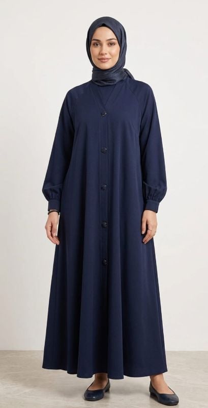 Navy Blue Button-Down Abaya - Elegant Modest Maxi Dress with Belt
