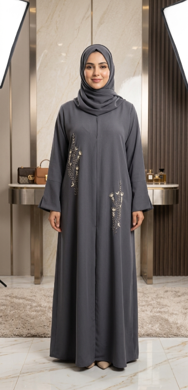 Charcoal Grey Hand-Embroidered Barbie Crepe Abaya with Slit Sleeves