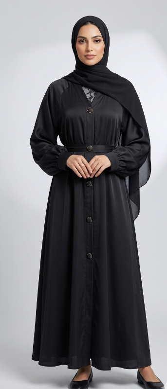 Timeless Black Buttoned Abaya Dress – Modest Satin Maxi with Cuffed Sleeves