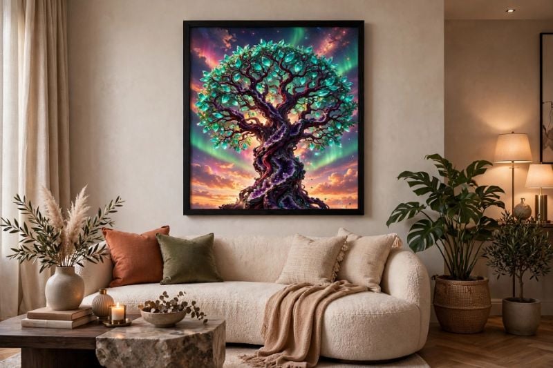 ✨ Mystical Crystal Tree of Life  My new fantasy art print is now available! Emerald crystal leaves + Amethyst geode trunk + Aurora sky 🌌