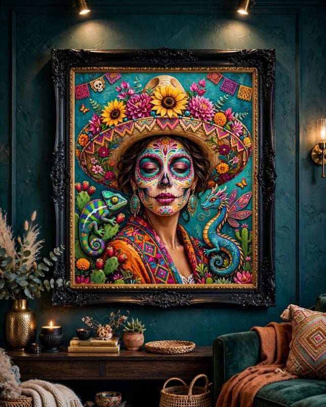 Vibrant Catrina Fiesta - Real Oil Painting - Mexican Day of the Dead - Sunflower Sombrero - 4:5 Ultra HD Canvas Art