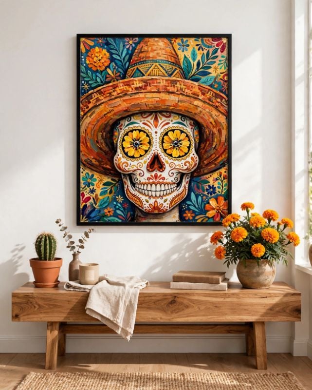 Mexican Sugar Skull Painting, Day of the Dead Wall Art, Sombrero Skull Acrylic Painting, Colorful Catrina Art Print, Mexican Folk Art Decor
