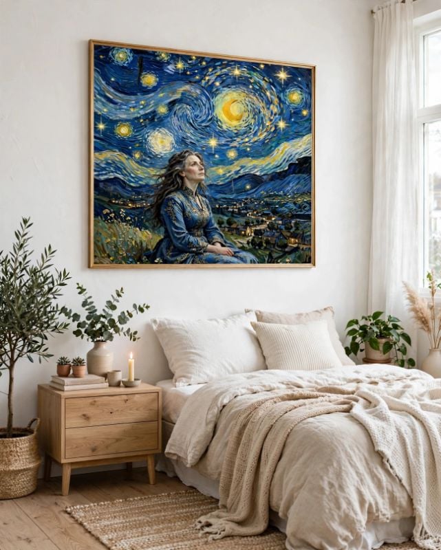 Starry Night Elegance - Mature Lady Under Swirling Sky - Van Gogh Inspired Original Art - Ultra HD 4:5 Print