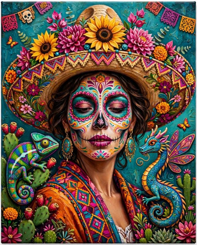 Vibrant Catrina Fiesta - Real Oil Painting - Mexican Day of the Dead - Sunflower Sombrero - 4:5 Ultra HD Canvas Art