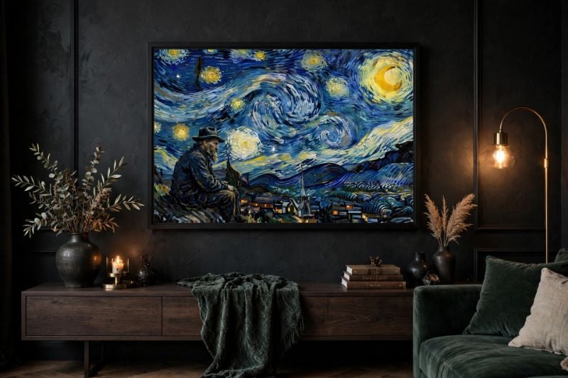 Starry Night Thinker - Van Gogh Inspired Oil Painting - The Lonely Philosopher Under Swirling Sky - HD Digital Wall Art Print.