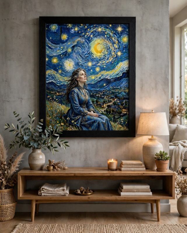 Starry Night Elegance - Mature Lady Under Swirling Sky - Van Gogh Inspired Original Art - Ultra HD 4:5 Print
