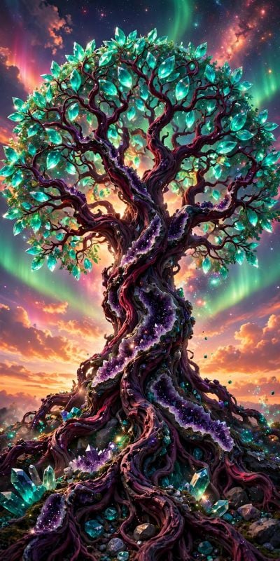 ✨ Mystical Crystal Tree of Life  My new fantasy art print is now available! Emerald crystal leaves + Amethyst geode trunk + Aurora sky 🌌