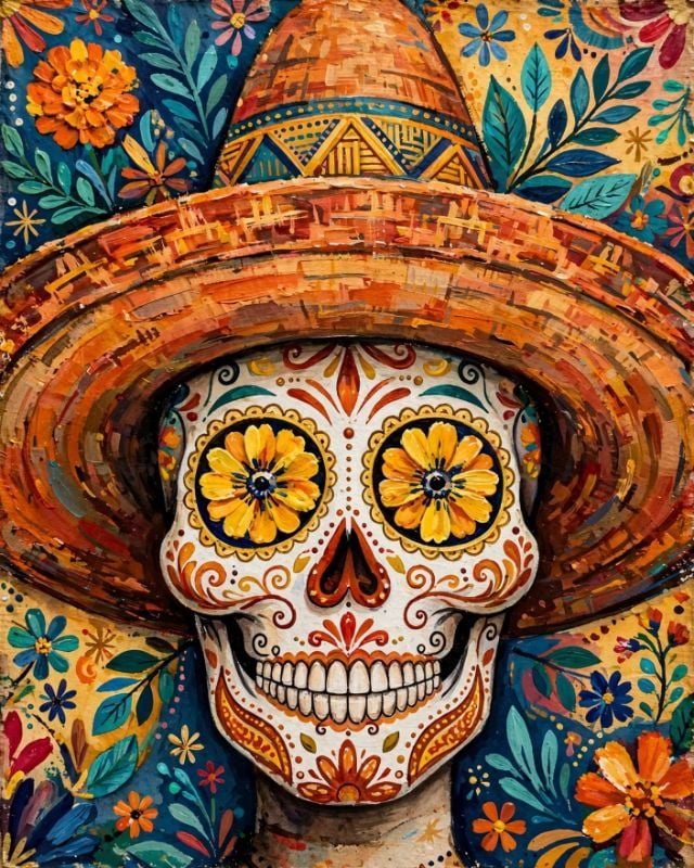 Mexican Sugar Skull Painting, Day of the Dead Wall Art, Sombrero Skull Acrylic Painting, Colorful Catrina Art Print, Mexican Folk Art Decor