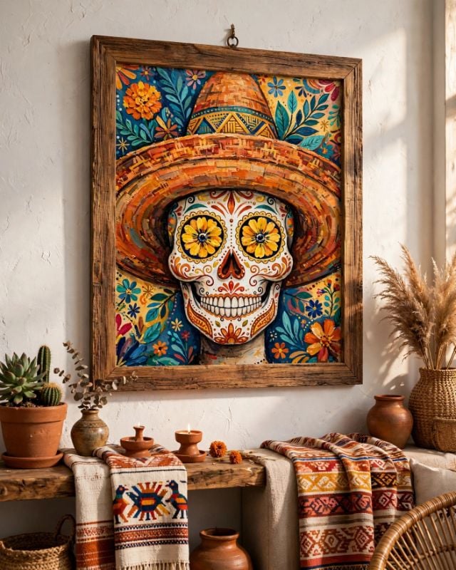 Mexican Sugar Skull Painting, Day of the Dead Wall Art, Sombrero Skull Acrylic Painting, Colorful Catrina Art Print, Mexican Folk Art Decor