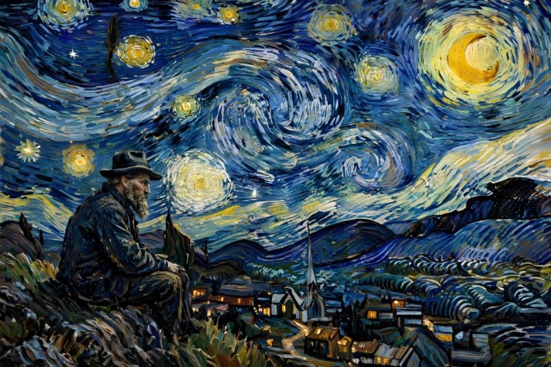 Starry Night Thinker - Van Gogh Inspired Oil Painting - The Lonely Philosopher Under Swirling Sky - HD Digital Wall Art Print.