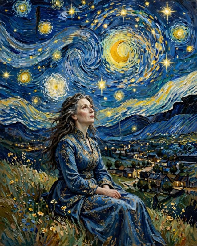 Starry Night Elegance - Mature Lady Under Swirling Sky - Van Gogh Inspired Original Art - Ultra HD 4:5 Print