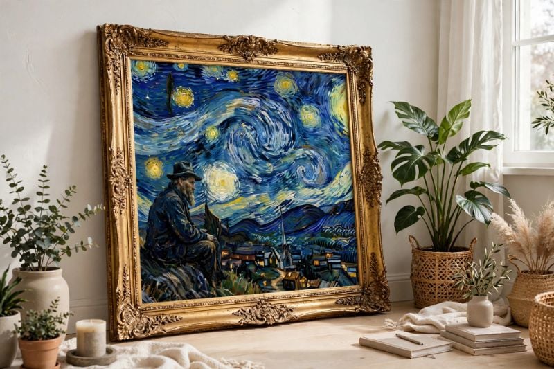 Starry Night Thinker - Van Gogh Inspired Oil Painting - The Lonely Philosopher Under Swirling Sky - HD Digital Wall Art Print.