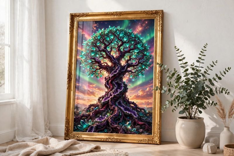 ✨ Mystical Crystal Tree of Life  My new fantasy art print is now available! Emerald crystal leaves + Amethyst geode trunk + Aurora sky 🌌