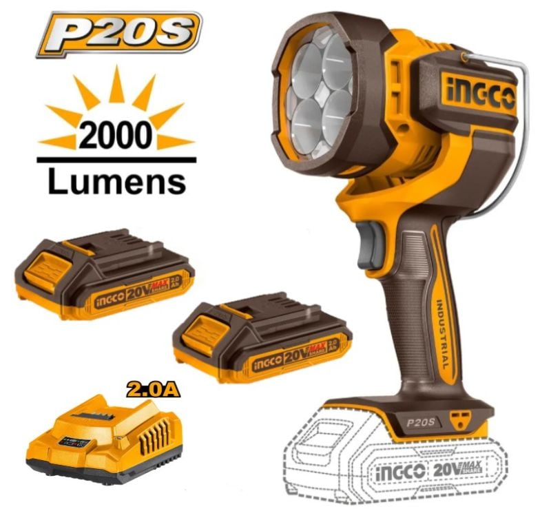LINTERNA led 20V 2000 LUMENS 2 BAT 1 CAR 2AH IG-2088COM