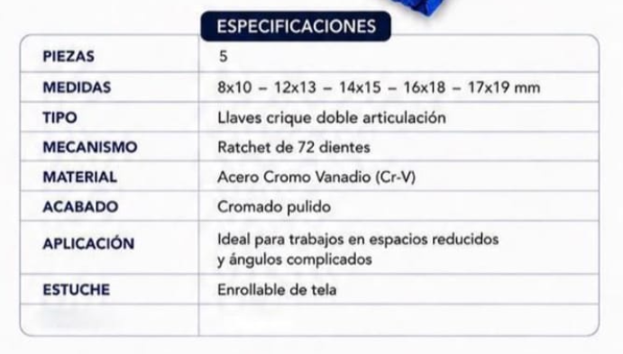 JUEGO LLAVE CRIQUE DOBLE ARTICULACION 8X10 12X13 14X15 16X18 17X19 HE-RU5354
