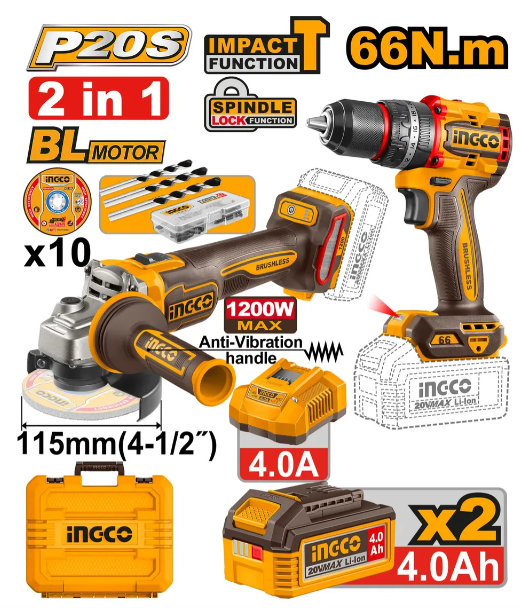 Combo Taladro Percutor 66N.m + Amoladora Angular 1200W P20S Brushless
Compacto C/2Xbateria C/Cargador C/Maleti IG-CKLI20256-4