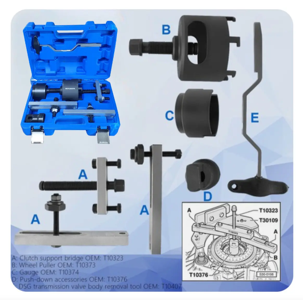 INSTALADOR REMOVEDOR DE EMBRAGUE VW-AUDI X 7 pz.
 Herramienta de desmontaje de transmisión de doble embrague de 7 velocidades para VW Audi. VAG
 Para vw GOLF desde el 2004, GOLF plus desde 2005, AUDI A3 desde 2004 (cod OEM), 
 TOUAREG desde 2003 de 6 vel. (cod O8D) HE-RU43210