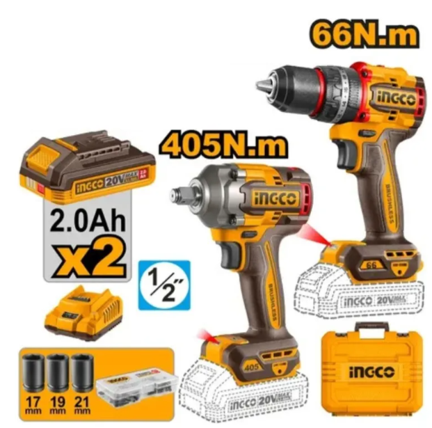 Combo Taladro Percutor 66N.m +Llave Impacto 405N.m P20S Brushless Compacto
C/2Xbateria C/Cargador C/Maleti IG-CKLI20286-4