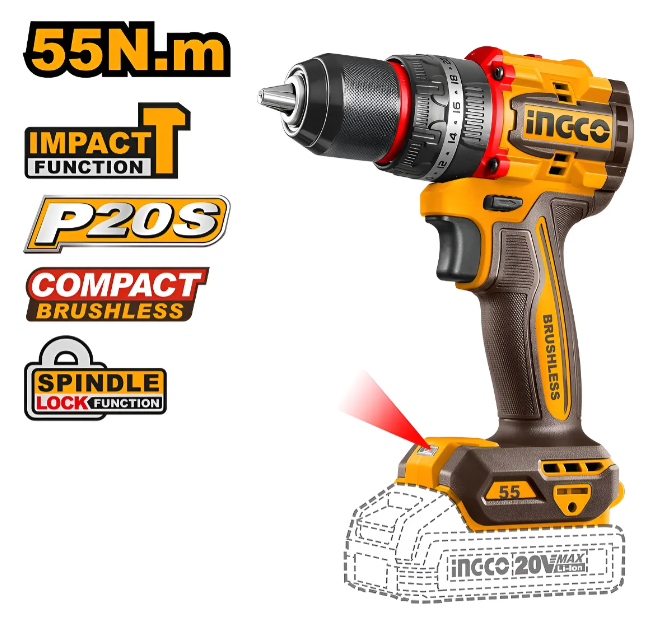 Taladro Atornillador Percutor Super Ingco - P20S 55N.M Brushless S/Bateria C/Carton - Cidli205581