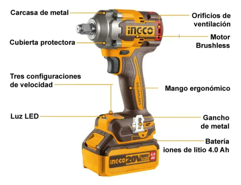 Llave Impacto Super Ingco - P20S 500N.M Brushless C/2Xbateria C/Cargador C/Maletin - Ciwli2050-4