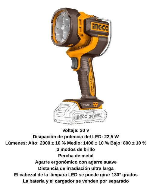 LINTERNA led 20V 2000 LUMENS SIN BAT. NI CAR IG-CWLI2088