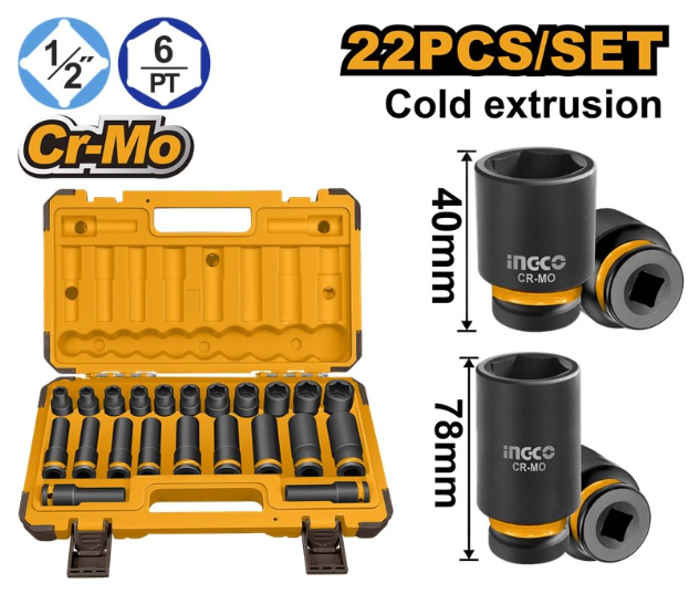 Juego Bocallaves de ImpactoENC 1/2 22 Pcs (Corto 10-24mm-Largo 10-24) Industrial IG-HKISSD12221L
