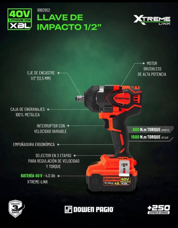 Llave de Impacto a Bateria 1/2" 800Nm - 1000nm 40v Xtreme DI-2952
