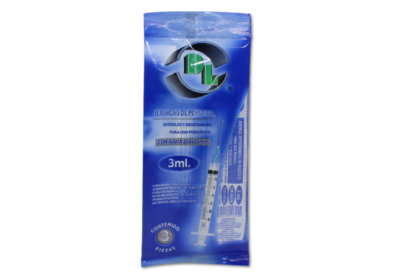 jeringa azul infantil 3ml 3pzas 23x25
